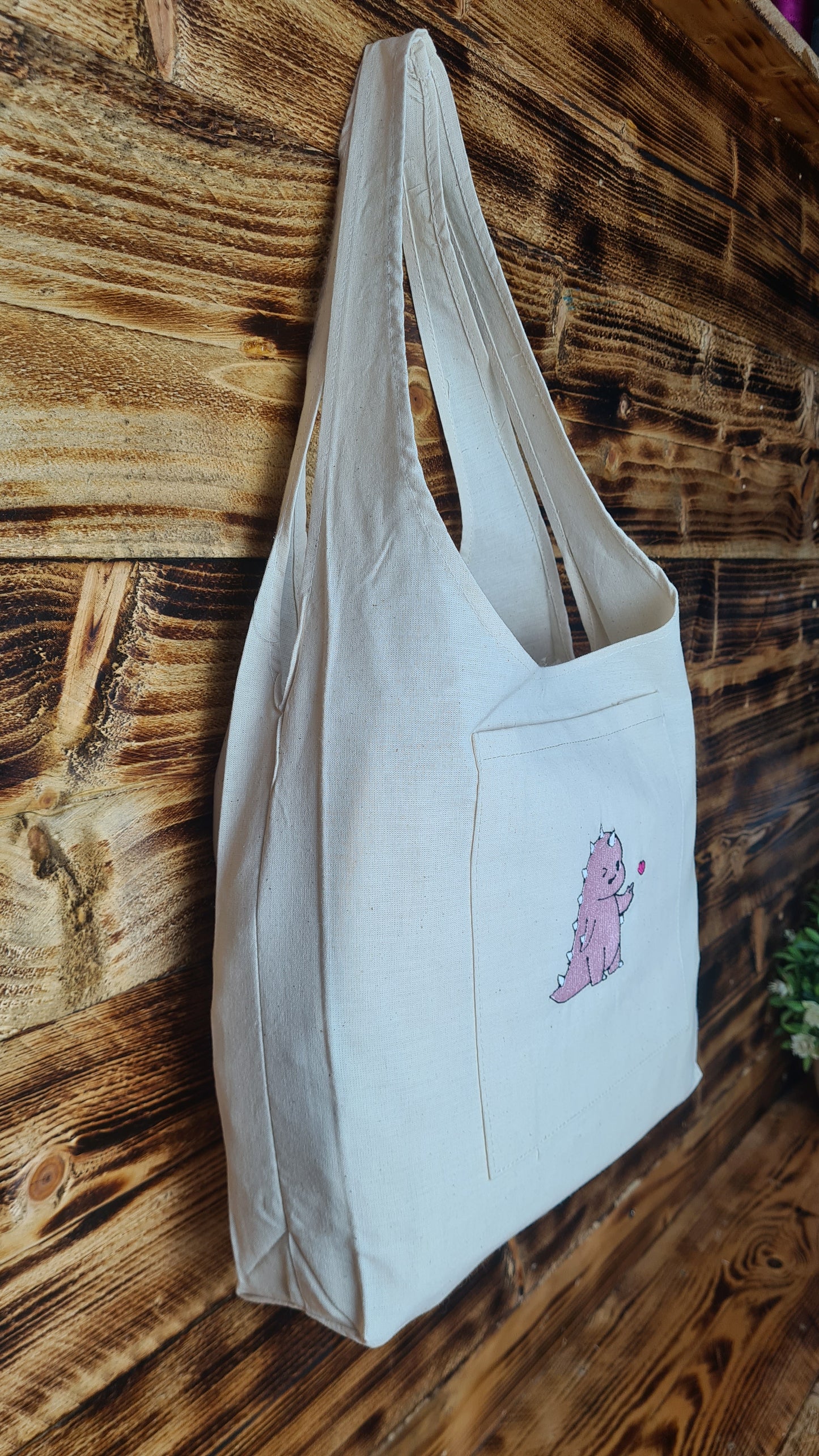 Totebag beige brodé DINOSAURE ROSE